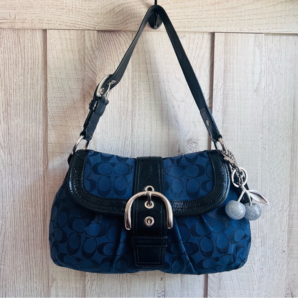 Coach Navy Blue Signature Jacquard Shoulder Bag with Silver Hardware